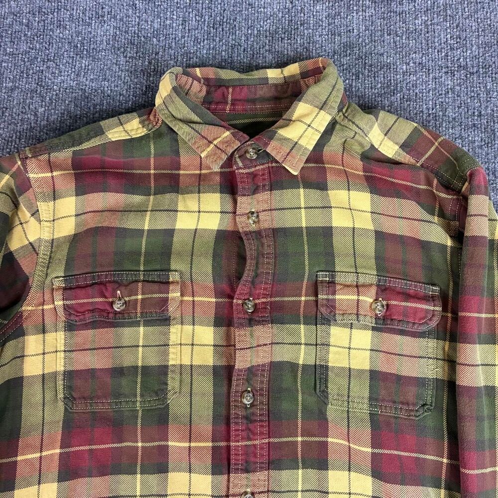 Eddie Bauer Men’s Large Plaid Flannel Shirt Green Red Tan Long Sleeve Button Up